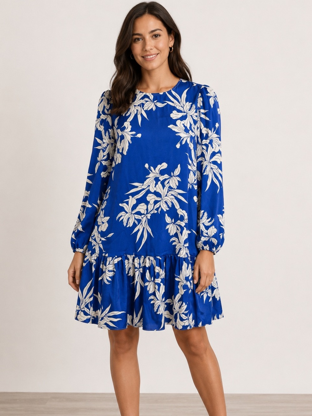ALEXIS for Target Blue Floral Long Sleeve Ruffle Hem Dress Size Small